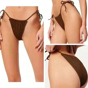 Good American Crinkle Always Fits Tiny Ties Bikini Bottom Mocha Sz 1/2 (S/M) NWT